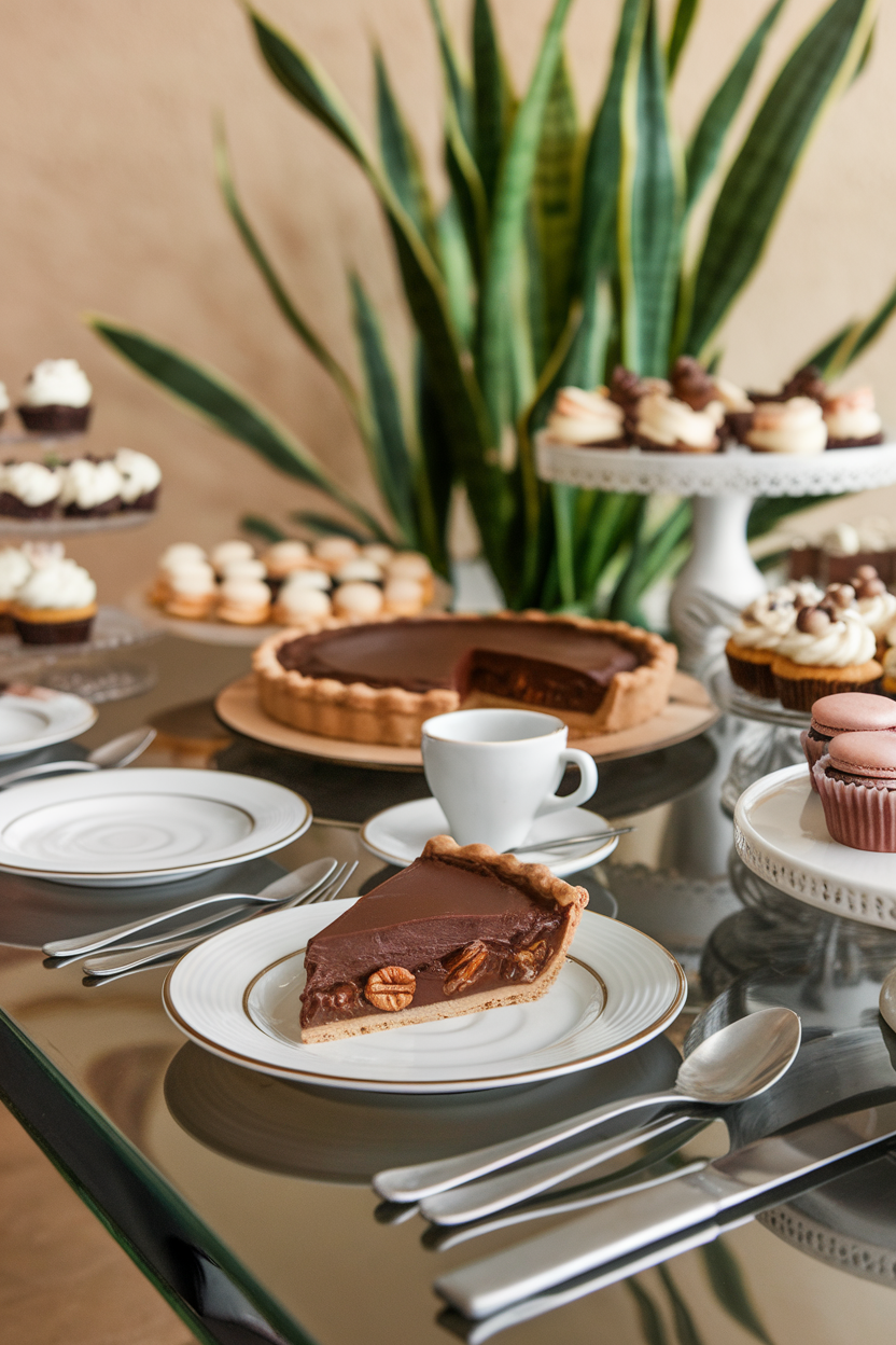 An indoor dessert table with a chocolate pecan pie slice revealing glossy filling, espresso cup in background. This should be a photo, not an illustration. No text or logos anywhere in the scene.