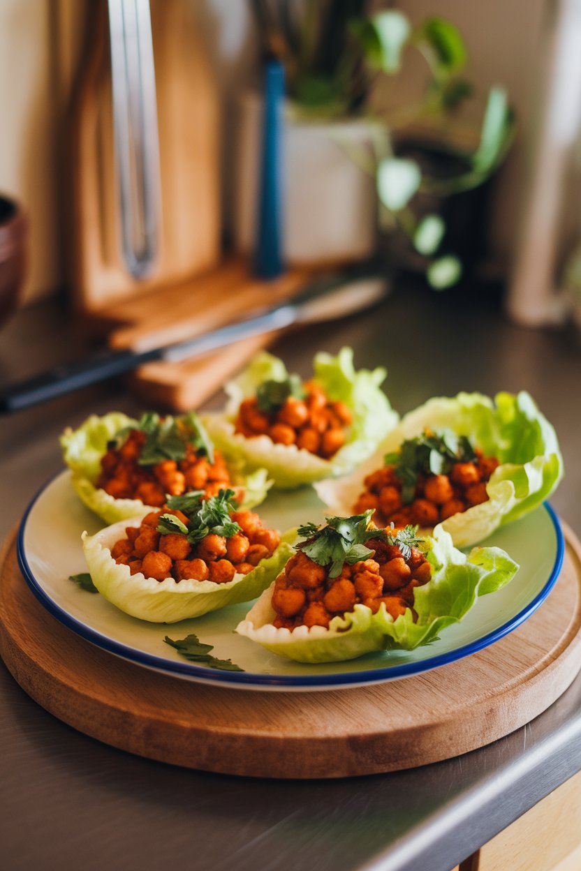 A plate on an indoor counter featuring butter lettuce cups filled with saucy, cooked chickpeas and sprinkled with chopped cilantro. No text or logos; photo only.