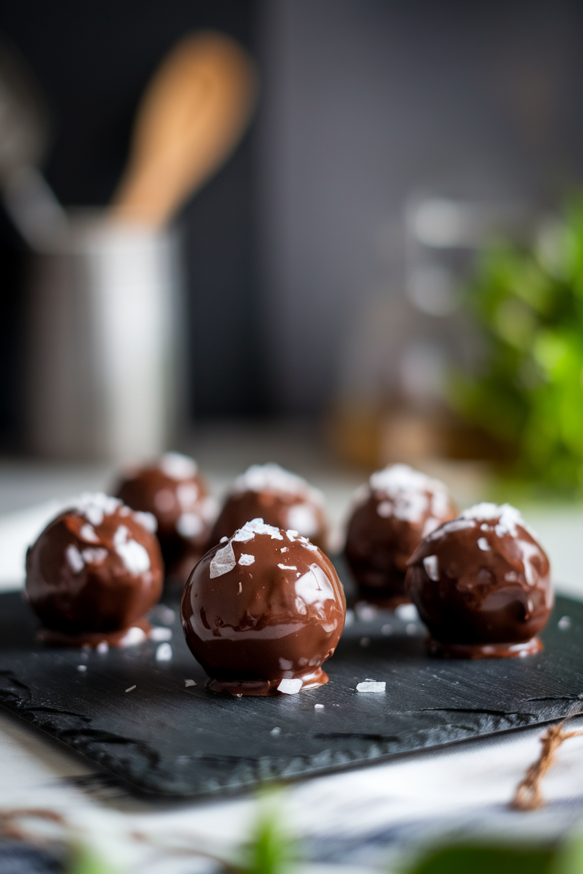 Photo of an indoor slate board hosting glossy dark chocolate energy balls with a pinch of flaky sea salt on top. No text or logos.