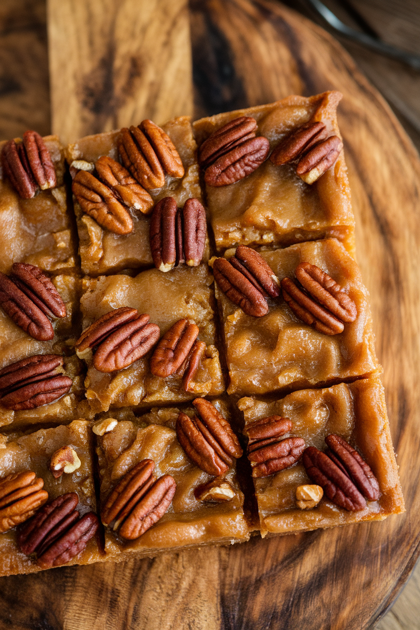 Square maple pecan pie bars arranged on a wooden indoor board, gooey filling visible, no text or logos.</Prompt