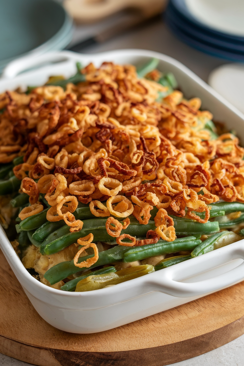 Indoor photo of green bean casserole covered with crispy fried shallots, creamy sauce peeking through, no text or logos.