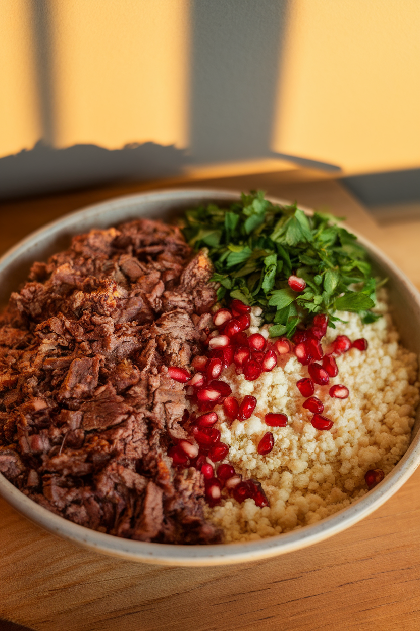 Indoor photo of crumbled cooked spiced lamb, fluffy couscous, chopped parsley, and pomegranate arils in a shallow bowl. Warm indoor light, no text or logos.