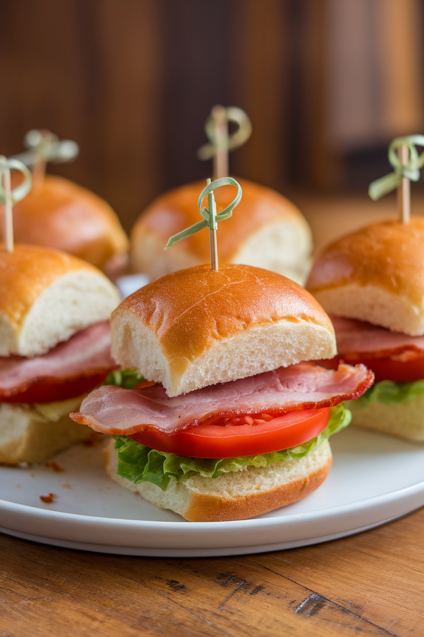 An indoor platter with mini brioche buns holding turkey bacon, lettuce, and tomato slices, toothpicks securing tops, no text or logos.