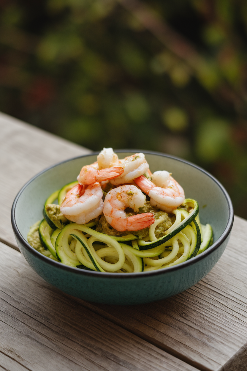 Indoor bowl photo of spiralized zucchini tossed in basil pesto and crowned with cooked shrimp; moody side light, no text or logos.