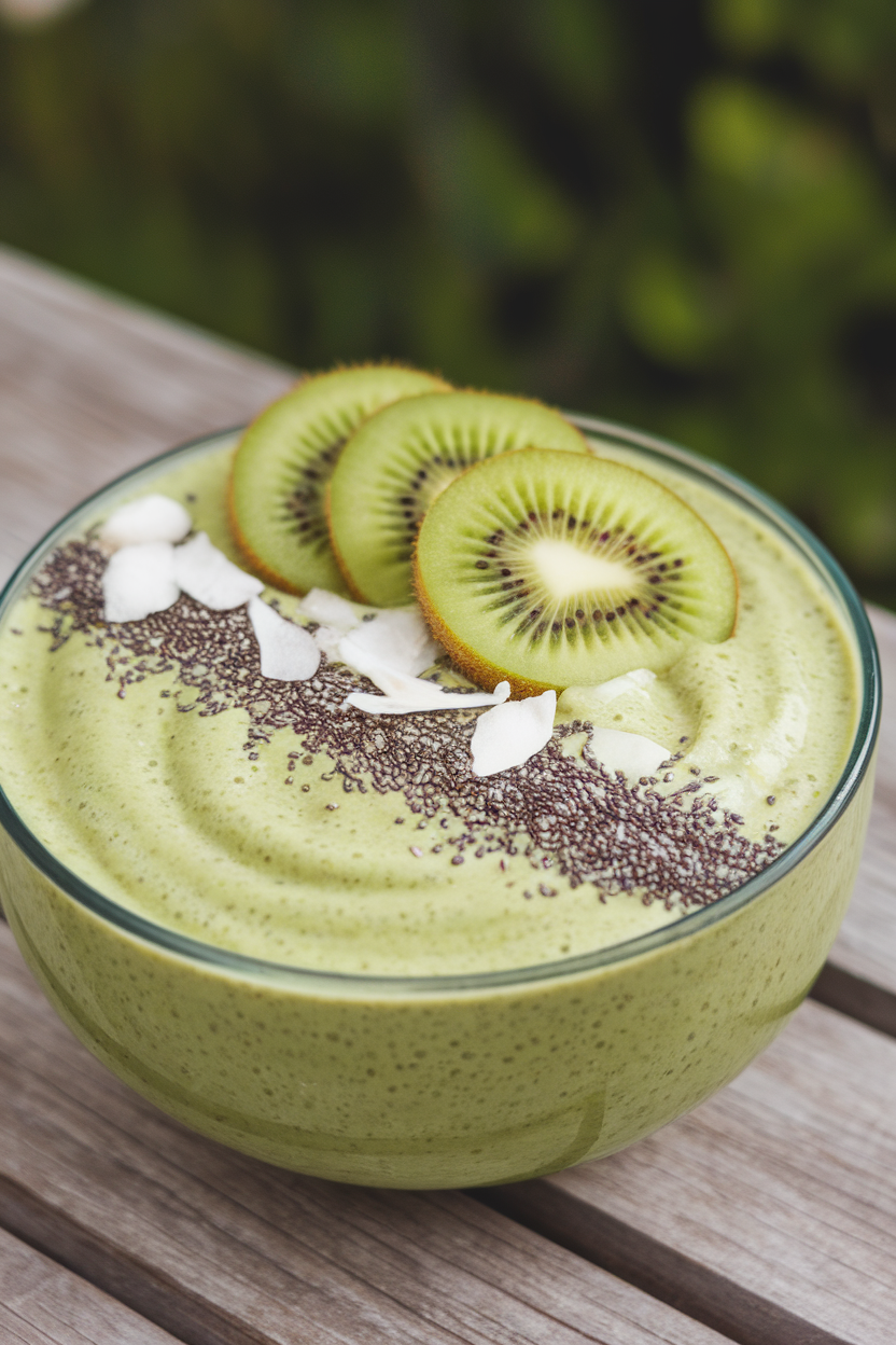 An indoor bowl of thick green smoothie topped with sliced kiwi, coconut flakes, and chia seeds, photographed from above, no text or logos.