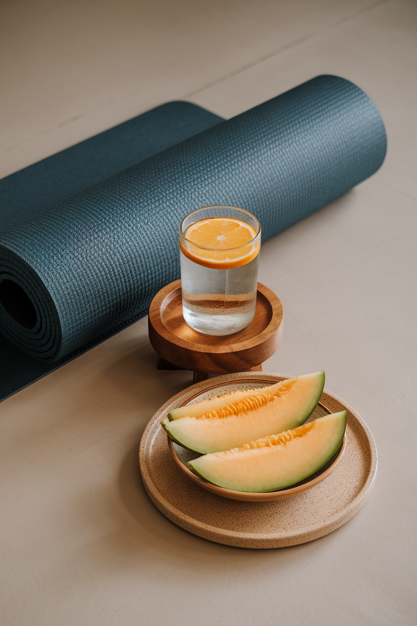 Indoor scene of a yoga mat beside a glass of citrus-infused water and a bowl of sliced melon, no text or logos. Photo.