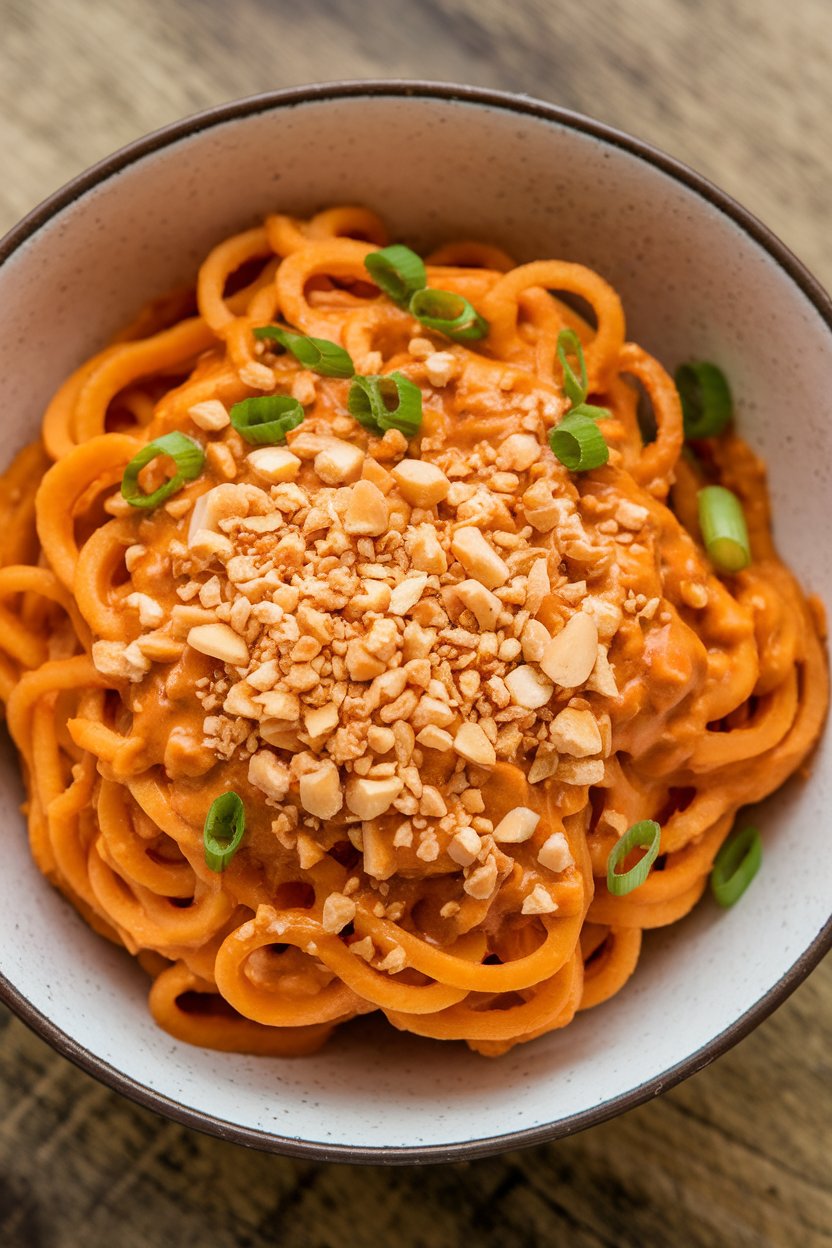 Indoor bowl of spiralized sweet potato noodles coated in spicy peanut sauce, crushed peanuts on top; mid-level angle, no text or logos.