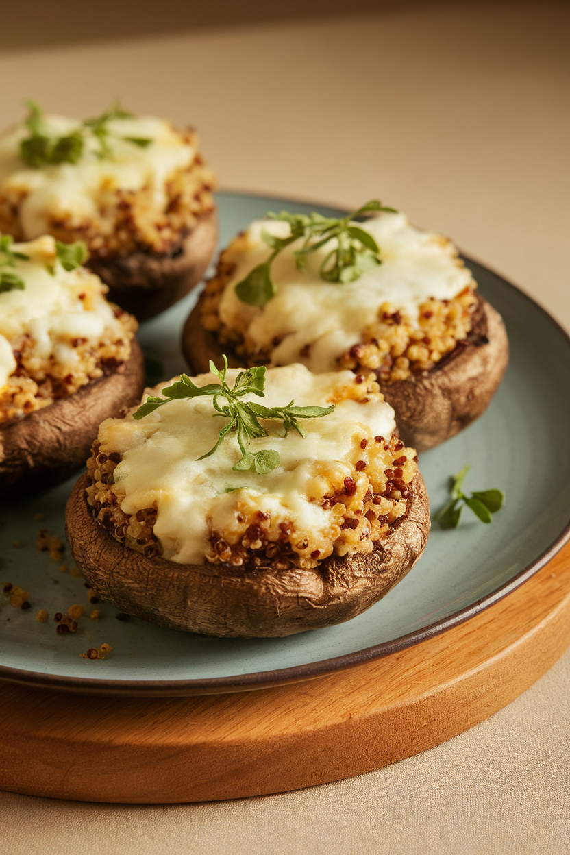 Photo of baked portobello mushrooms filled with herbed quinoa, cheese melted on top, indoors. No text or logos. Photo, not illustration.