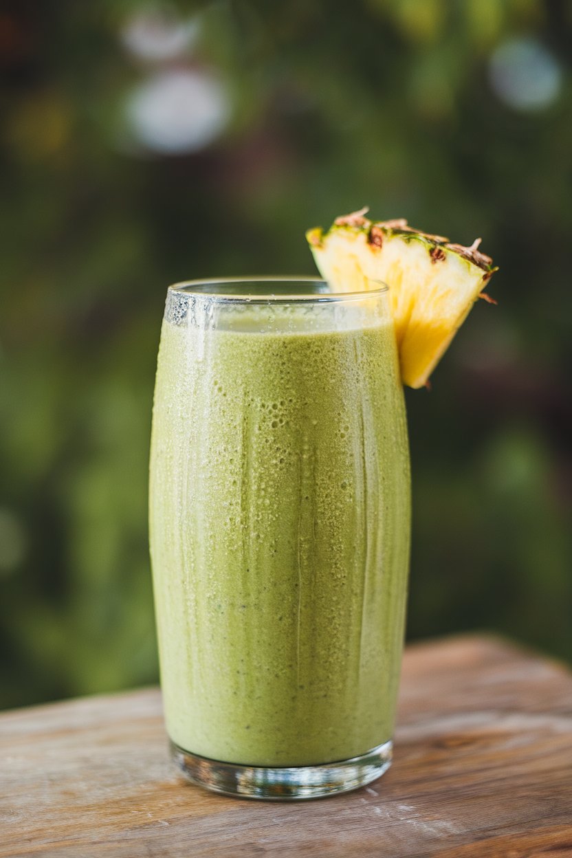 A tall glass indoors filled with a vibrant green smoothie, condensation on the outside, garnished with a small pineapple wedge. No logos or text in view.