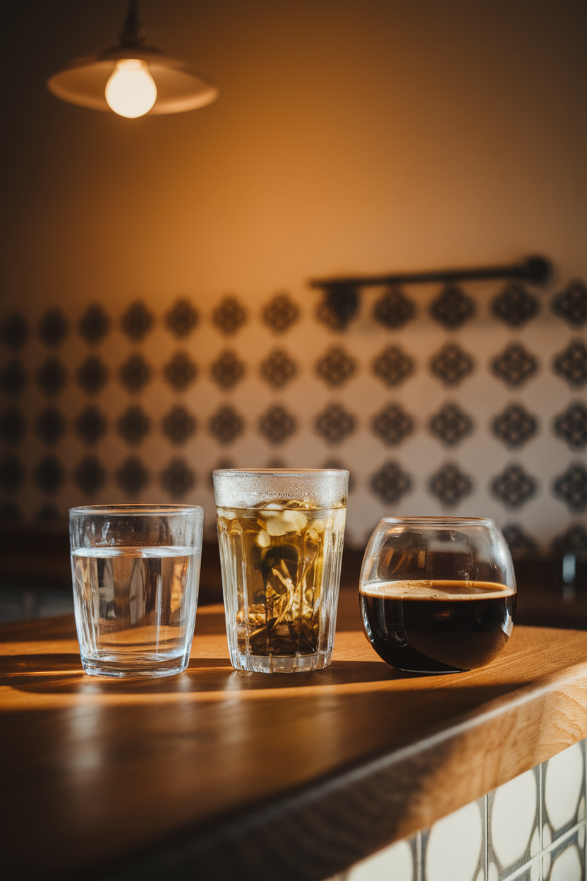 Three glasses on a kitchen island: water, herbal tea, and black coffee, all under warm lighting. No text or logos. Photo, not illustration.