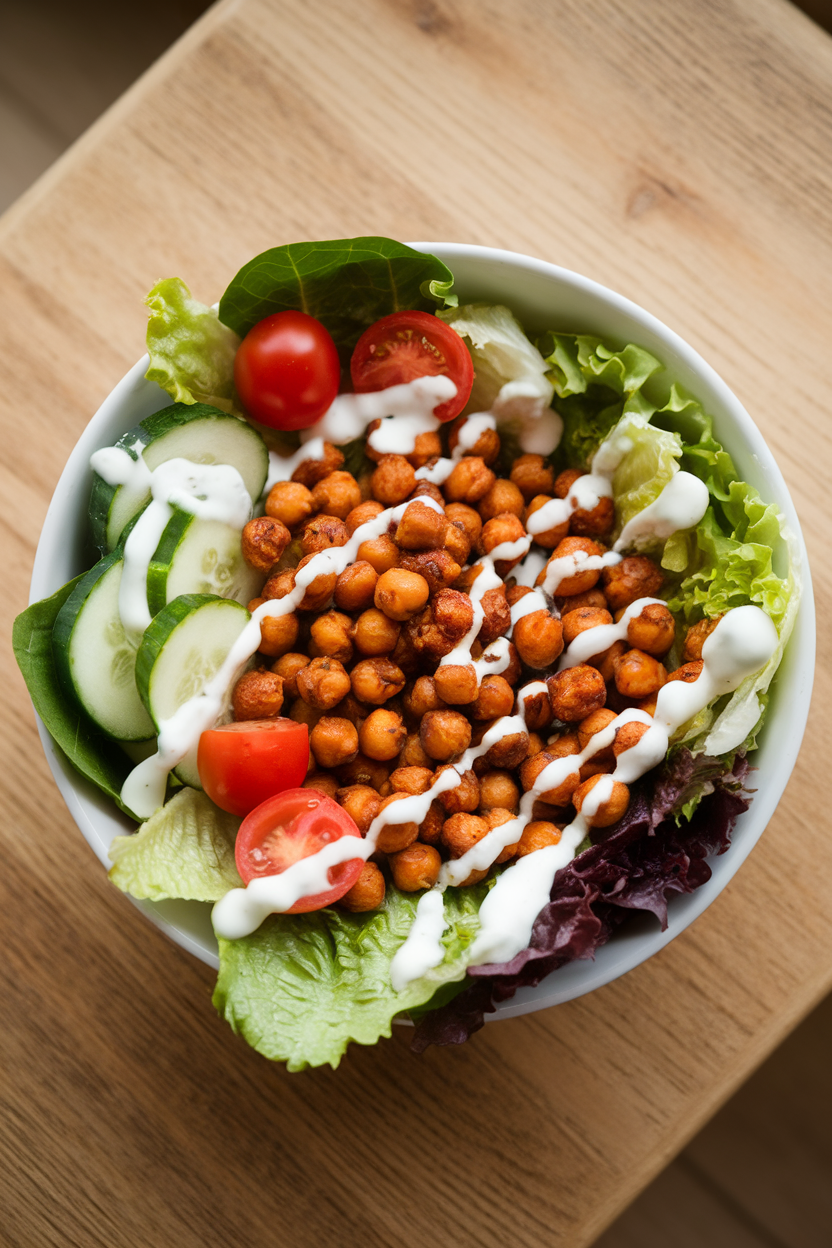 Indoor photo of a salad bowl featuring spiced roasted chickpeas, romaine, cherry tomatoes, and cucumber, with a drizzle of yogurt sauce; overhead, no text or logos