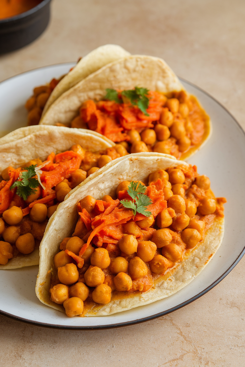 Indoor close-up of golden tortillas filled with chickpeas and grated carrots in curry spices, topped with light coconut-tomato sauce, no logos.