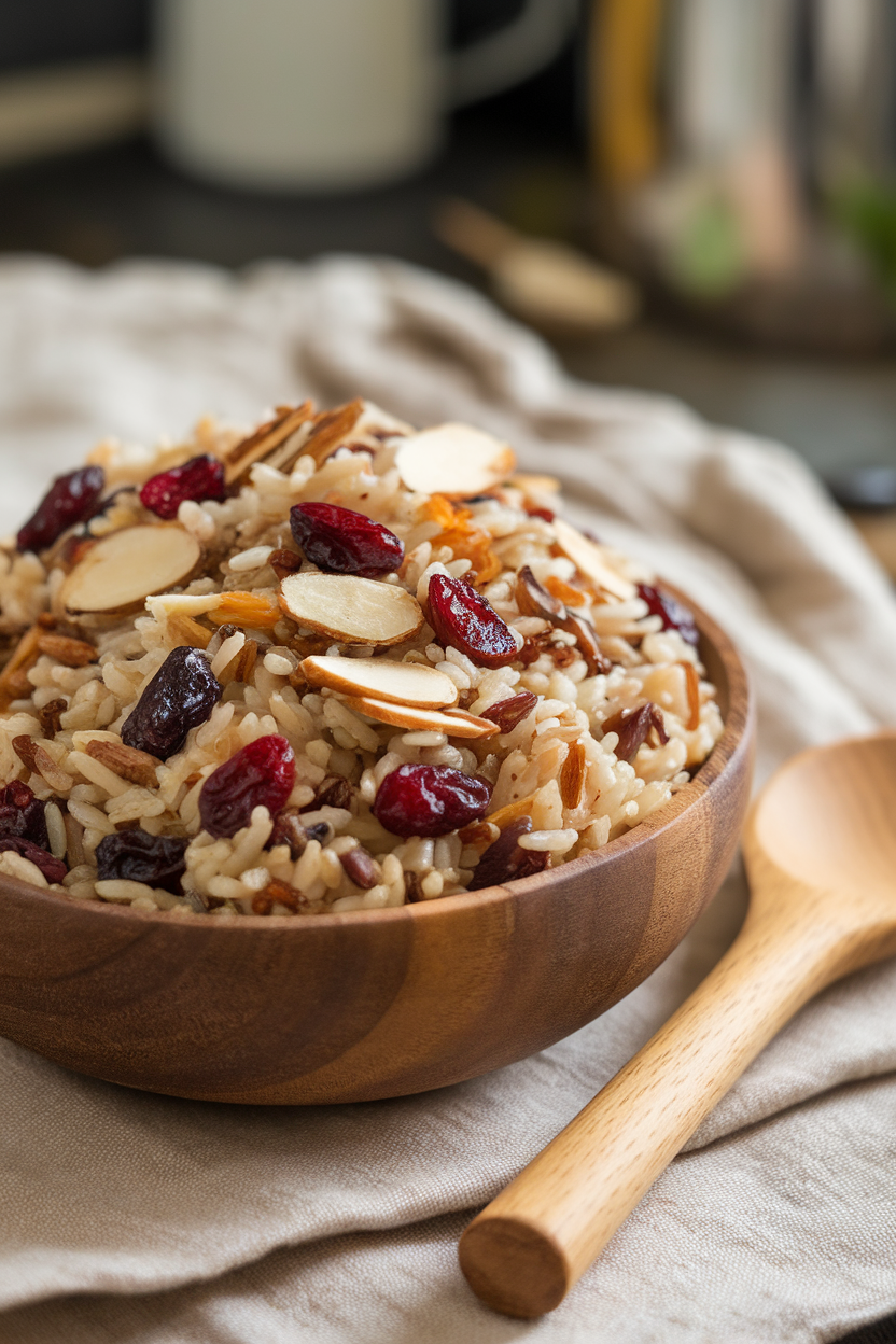 Indoor wooden bowl of fluffy wild rice blended with dried cranberries and sliced almonds, serving spoon resting beside. No text or logos. Photo only.