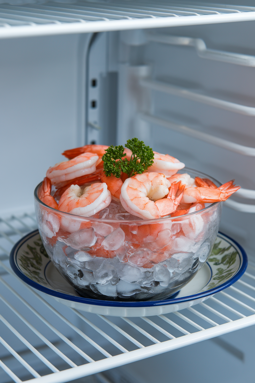 Photo, indoor refrigerator shelf with a chilled bowl of pink cooked shrimp on ice, parsley garnish, no text or logos.