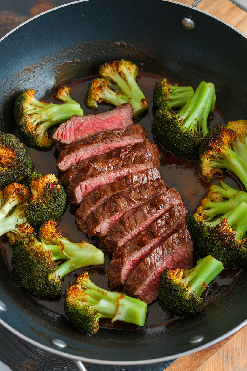 Indoor wok containing sliced flank steak and bright green broccoli florets coated in glossy sauce, photographed from a slight angle. No text or logos.