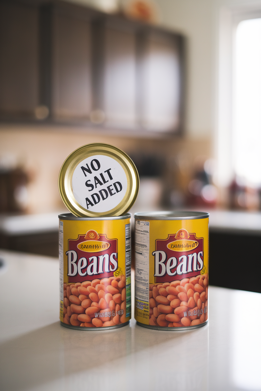 Indoor photo of two cans of beans, one labeled “No Salt Added” (label turned away from camera to avoid text) and one standard, sitting on a countertop; no text or logos.