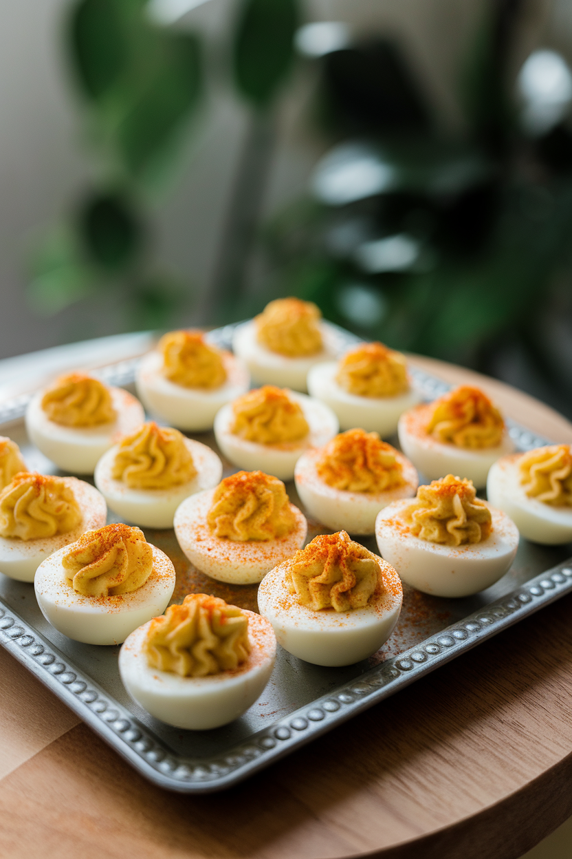 Photo of deviled eggs neatly arranged on a tray, sprinkled with smoked paprika, indoor light, no text or logos.