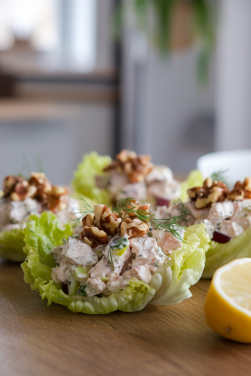 Photo of crisp butter lettuce cups filled with chicken salad made with Greek yogurt, celery, and grapes on a wooden table indoors, no text or logos