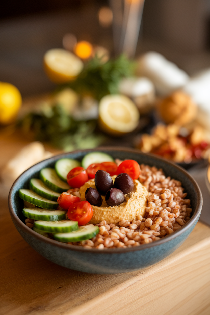 Indoor photo of farro topped with cucumbers, cherry tomatoes, olives, and a dollop of hummus at the center. No text or logos.