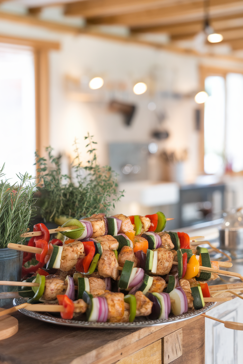 Indoor photo of colorful skewers with chicken chunks, zucchini, red onion, and peppers, resting on a platter. No text or logos.