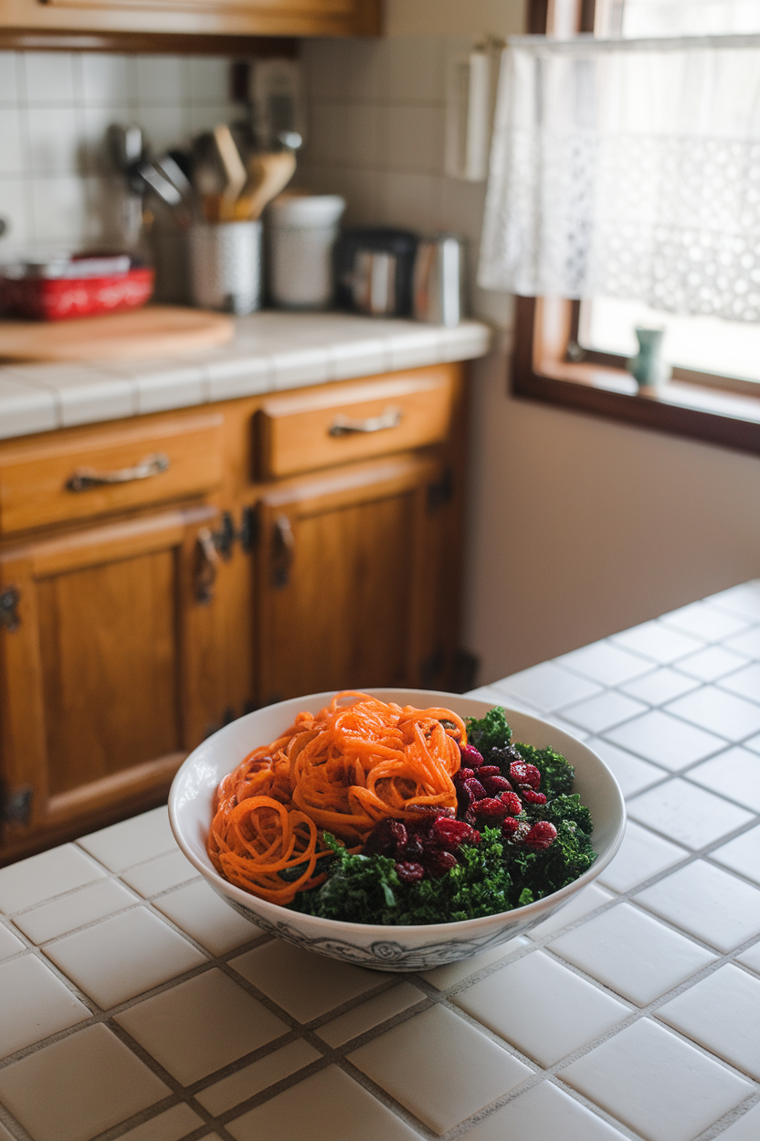 Photo of an indoor kitchen scene with spiralized sweet potato noodles, massaged kale, dried cranberries, and toasted almonds in a bowl. No logos or text.