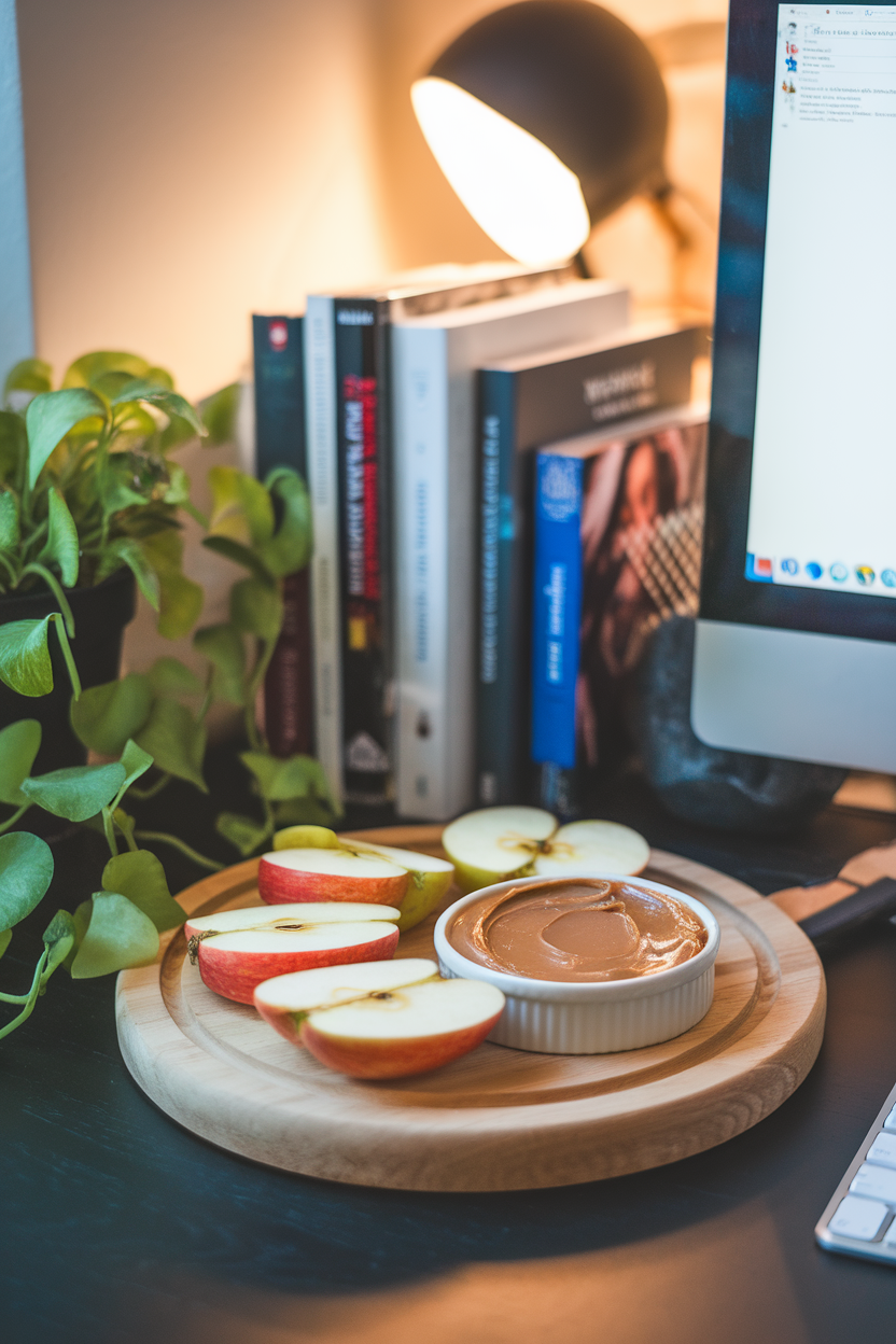 A healthy snack plate of apple slices and almond butter on a work desk beside a computer, indoor lighting. No text or logos. Photo, not illustration.