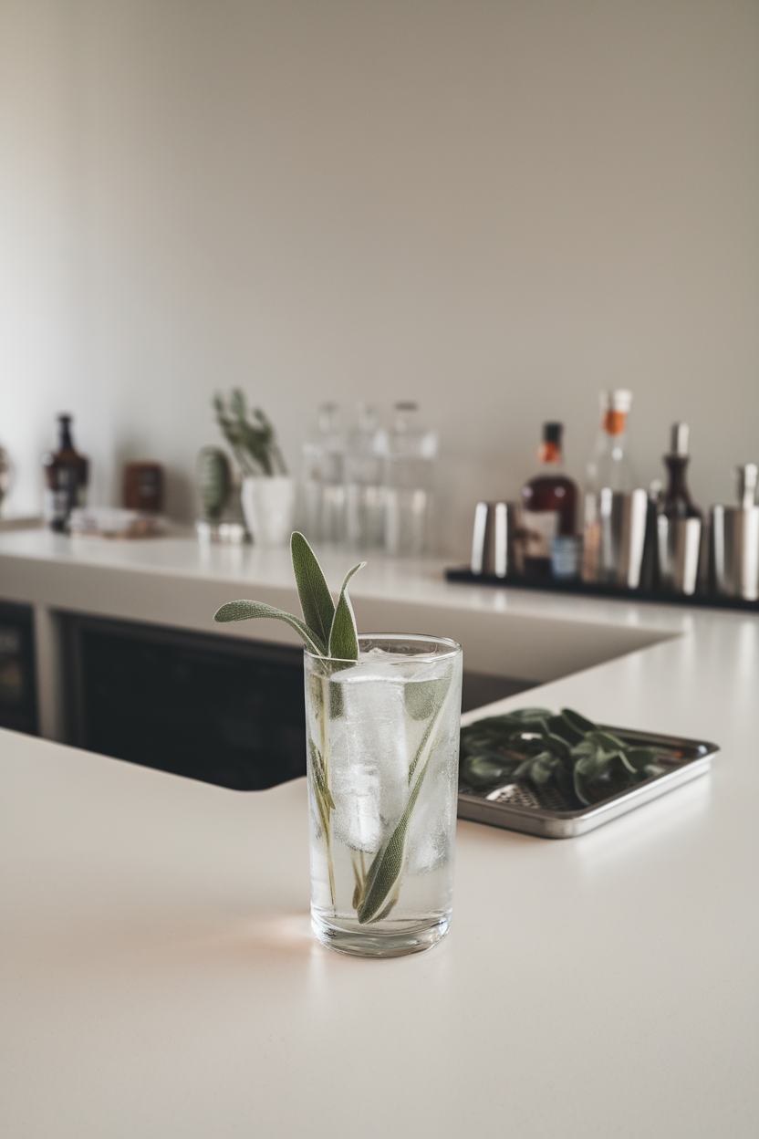 Indoor minimalist bar with highball glass of sage gin and tonic, long ice spears, fresh sage leaf floating. Photo, no text or logos.