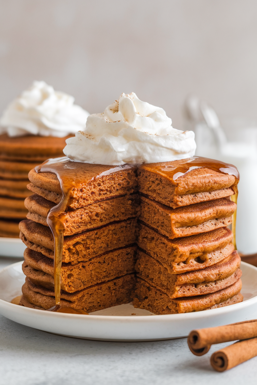 Photo of an indoor stack of fluffy gingerbread pancakes topped with whipped cream and a light molasses drizzle, cinnamon sticks off to the side. No text or logos visible.