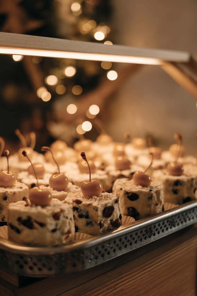 Indoor tray of individual fruitcakes topped with glazed cherries and almonds, warm holiday lighting. No text or logos. Photo only.