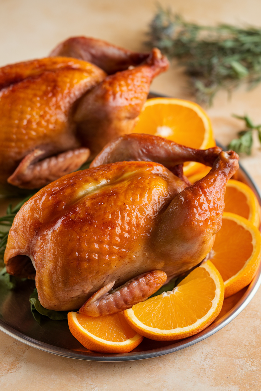 Indoor photo of two cooked Cornish hens glazed with citrus, orange slices tucked alongside on a platter, no text or logos