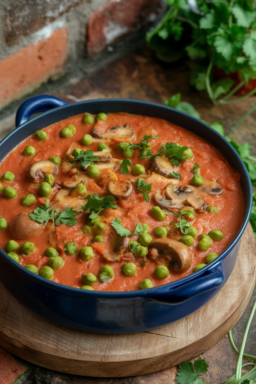 Photo prompt: An indoor casserole of mushroom and green-pea curry in tomato-onion gravy, sprinkled with coriander. No text or logos present.