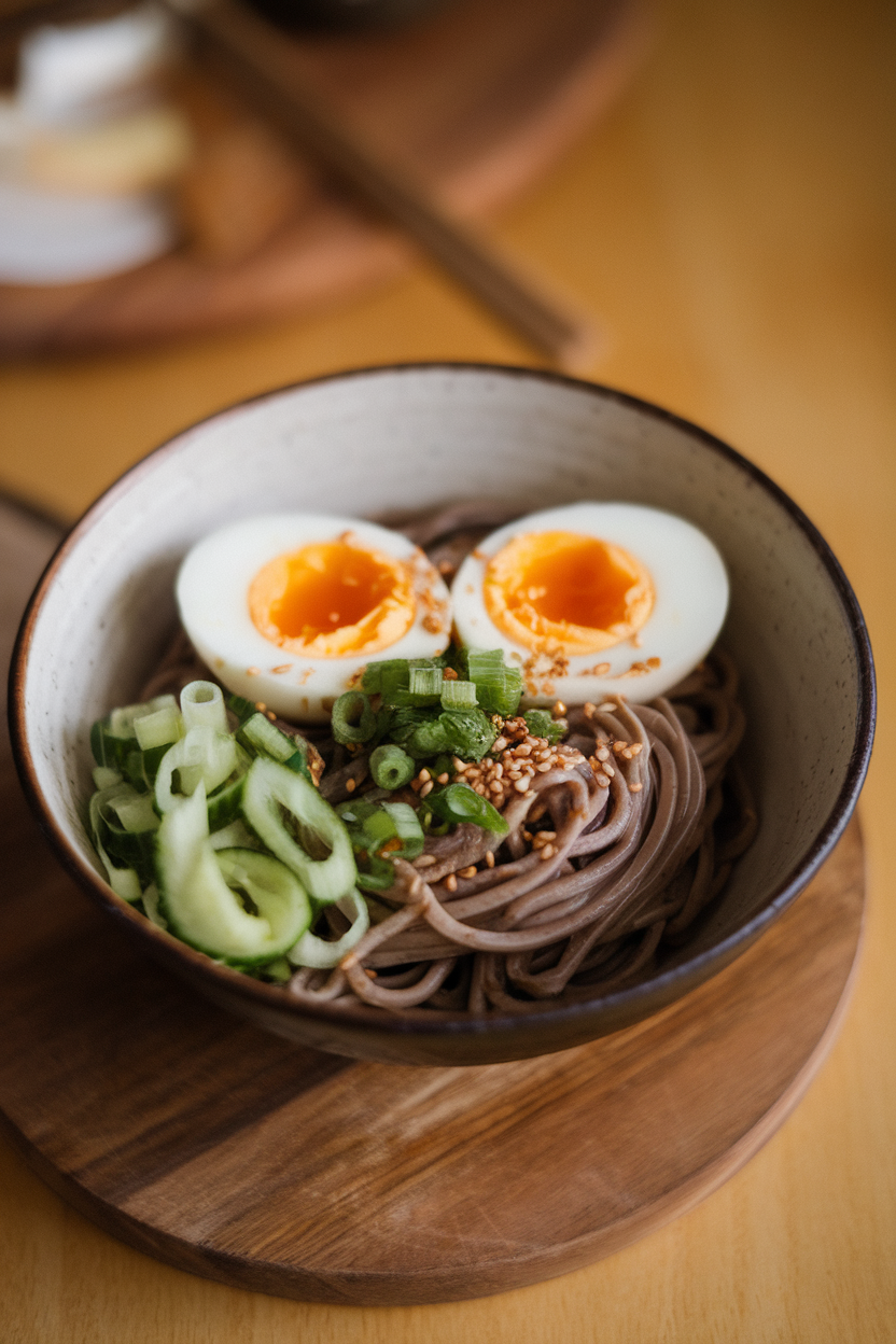 Indoor bowl of chilled soba noodles, cucumber ribbons, and a seven-minute egg cut in half, yolk still creamy. No text or logos.