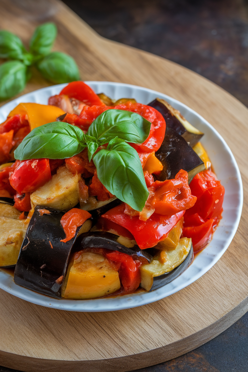 Indoor dish of stewed zucchini, eggplant, bell peppers, and tomatoes topped with fresh basil. No logos or text.
