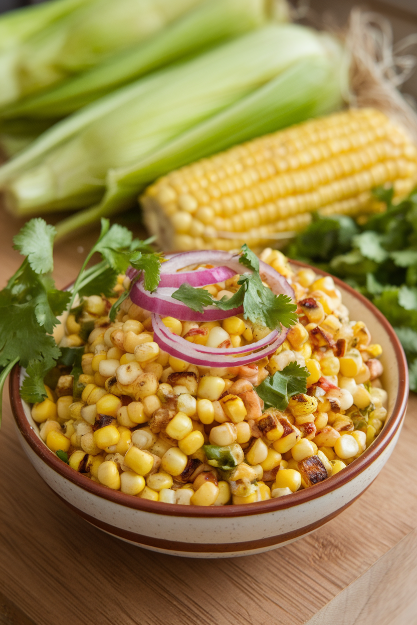 Indoor photo of a bowl of grilled corn kernels mixed with red onion, cilantro, and a chili-lime dressing; no text or logos.