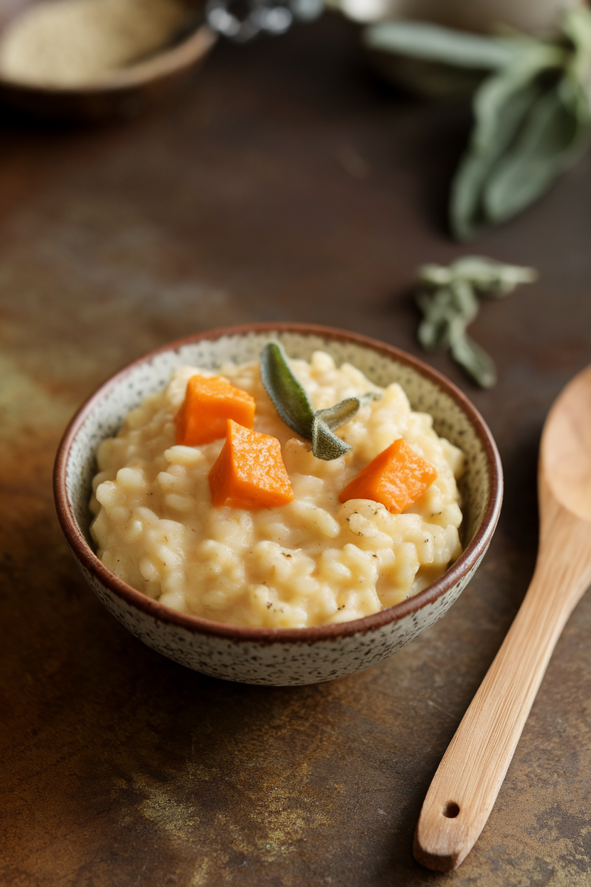 A small indoor bowl of creamy risotto studded with orange butternut cubes and fresh sage ribbons. No text or logos.