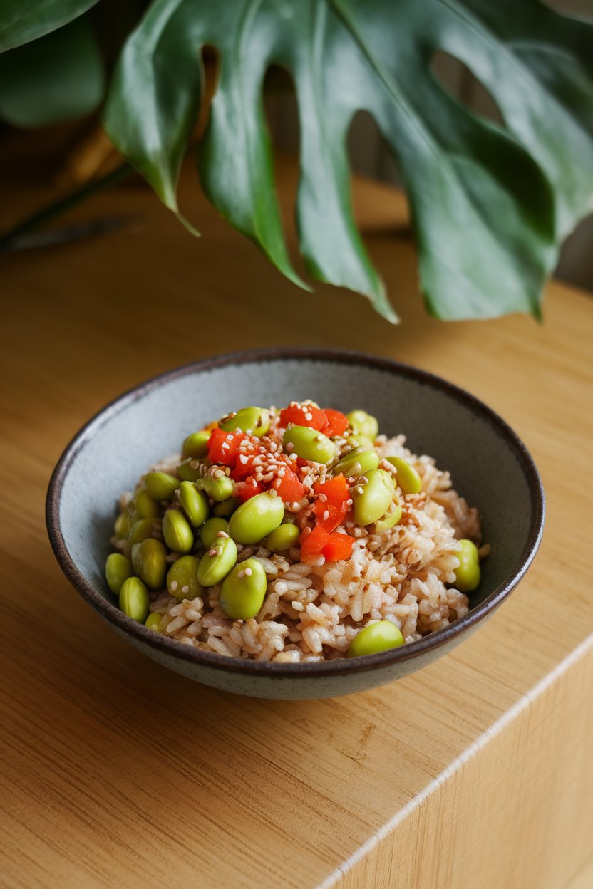 A bowl on an indoor table showing brown rice mixed with shelled edamame, diced red pepper, and sesame seeds. No text or logos; photo only.