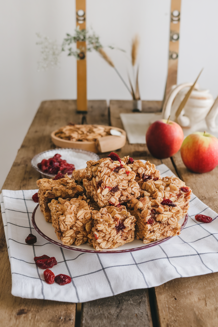 An indoor picnic-style cloth displaying cut oat squares with visible apple and cranberry bits—no text or logos; photo, not illustration