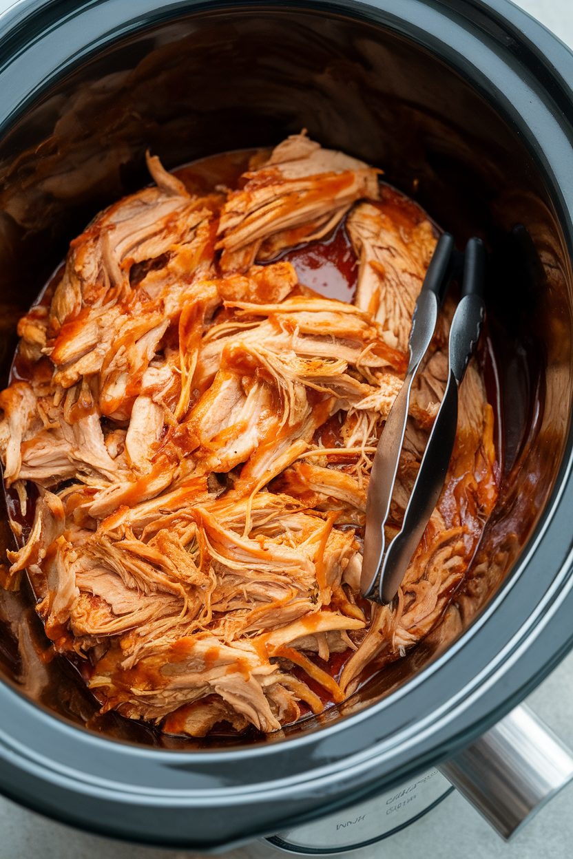 Photo of an indoor slow cooker full of shredded pulled chicken in a rich BBQ sauce, serving tongs resting on the side, no branding.