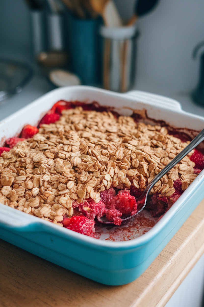 Indoor baking dish photo of bubbling strawberry crisp with a golden oat topping, served with a spoon, no text or logos.