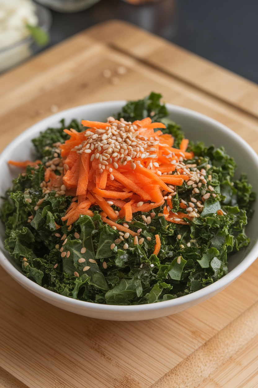 An indoor salad bowl filled with chopped kale massaged with sesame dressing, topped with shredded carrot and toasted sesame seeds. No text or logos.
