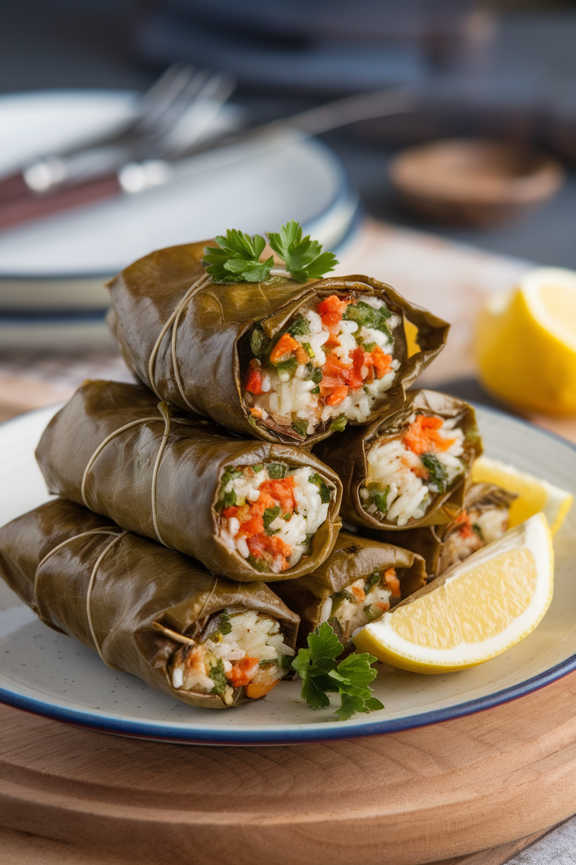 Indoor plate stacked with vegetarian dolmas, lemon wedges on the side. No logos or text.