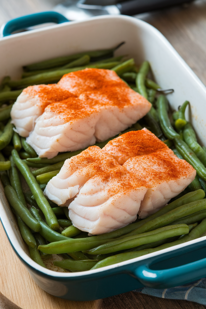 An indoor baking dish featuring flaky cooked cod fillets dusted with paprika, green beans tucked alongside. Photo, no text or logos.