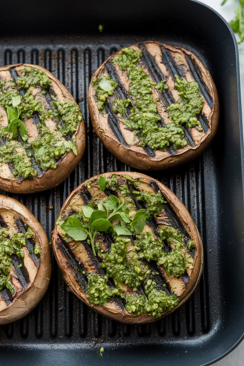 An indoor grill pan with big portobello mushrooms brushed in green chimichurri, grill marks visible, herbs sprinkled on top. No text or logos present.