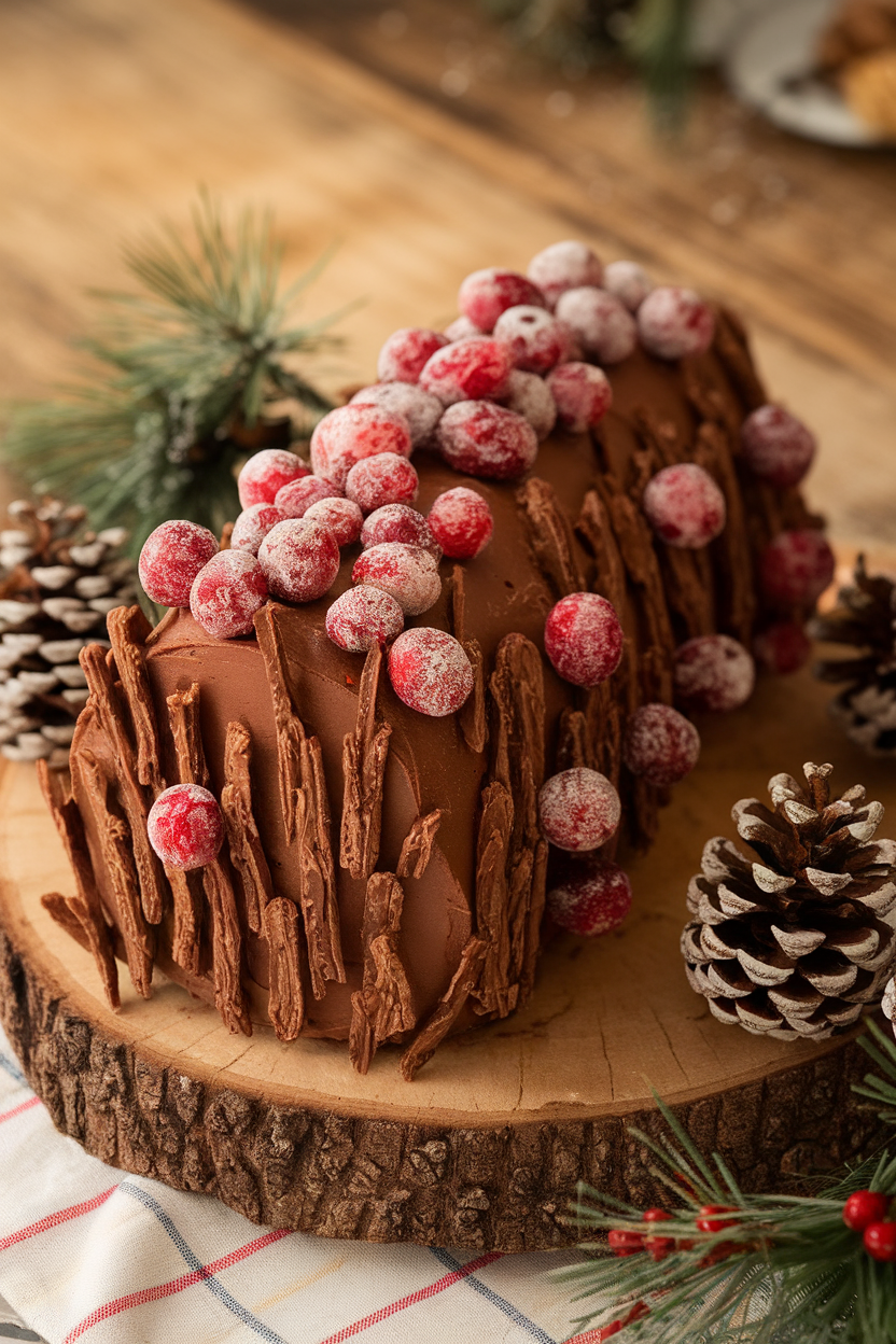 Photo of a yule log cake decorated with chocolate ganache bark texture and sugared cranberries, indoors on a rustic platter; no text or logos.