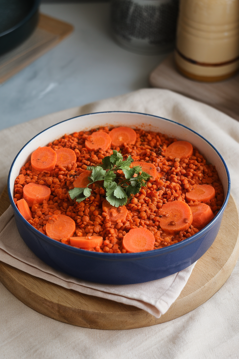 Indoor casserole dish showing baked layers of sliced carrots and red lentils in a spiced tomato sauce, coriander sprinkled on top. No logos or text.