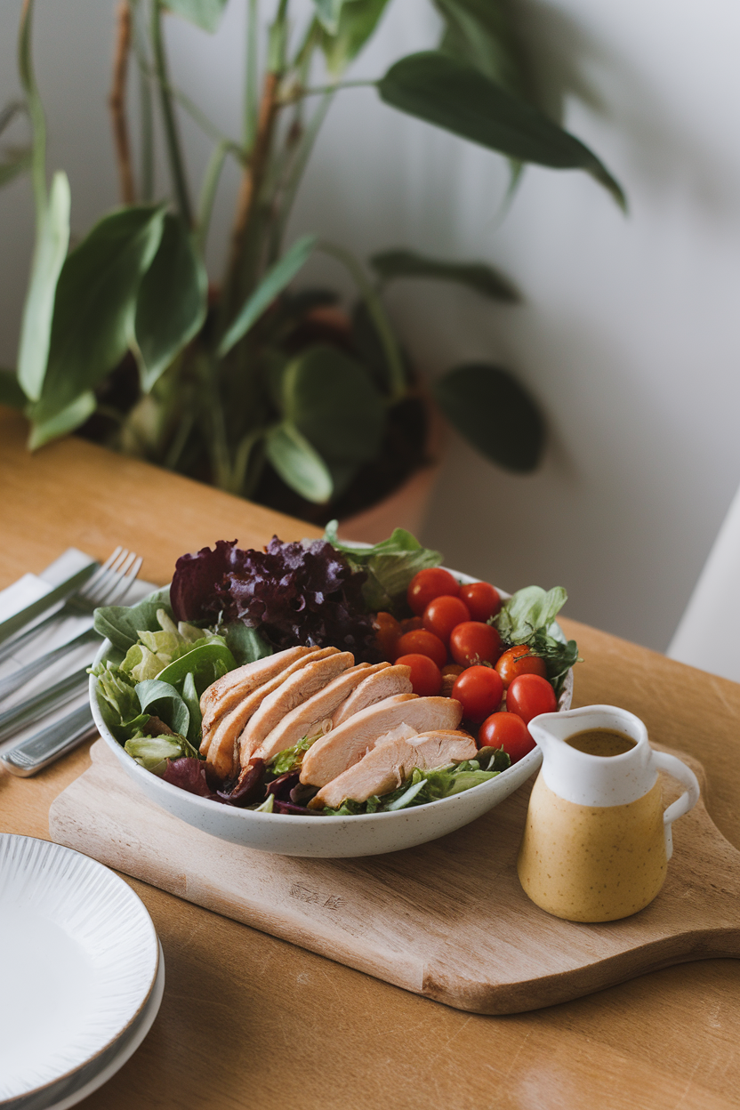 Indoor dining table with a bowl of mixed greens, cooked chicken slices, grape tomatoes, and a light honey-mustard dressing jug — photo, no logos