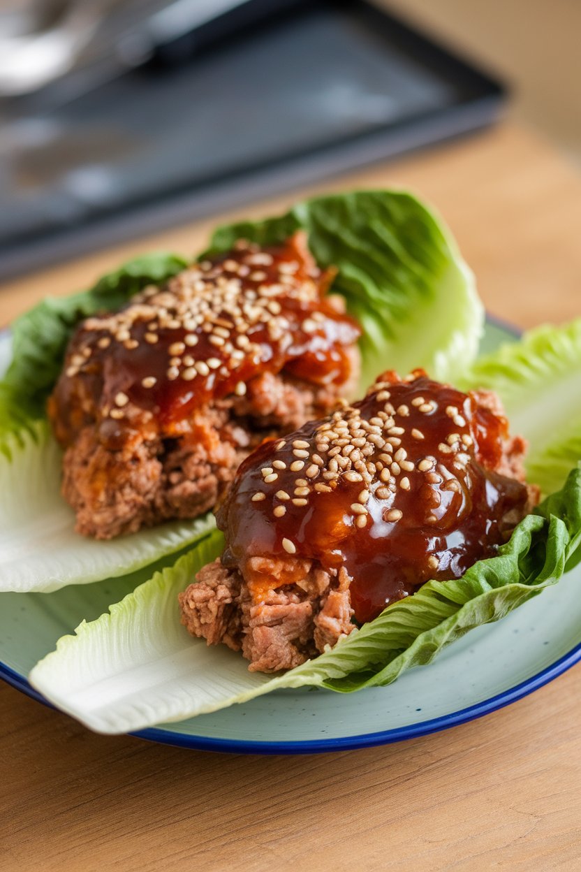 An indoor plate with crisp romaine leaves holding ground turkey cooked in a glossy teriyaki glaze, topped with sesame seeds. No text or logos; photo only.