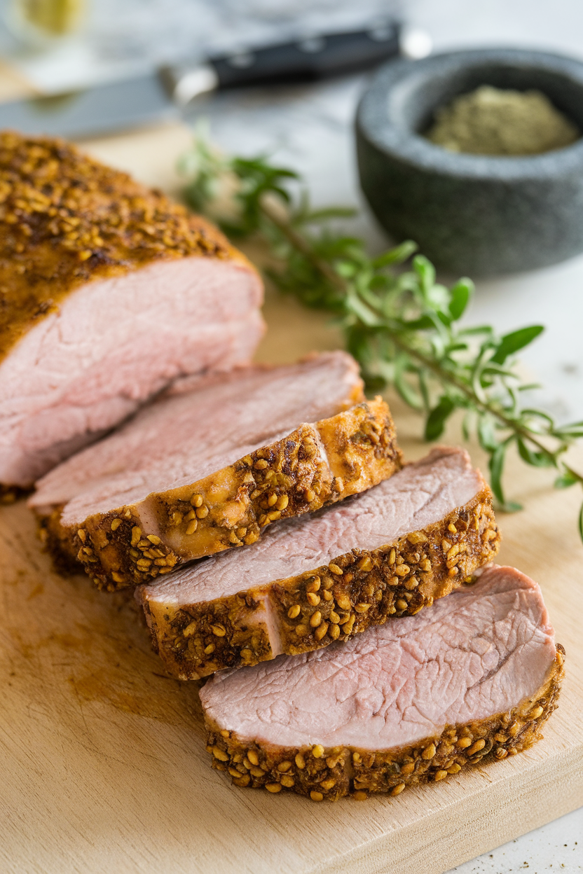 An indoor cutting board with medallions of herb-crusted pork tenderloin, mustard seeds visible on the edge. Photo, no text or logos.