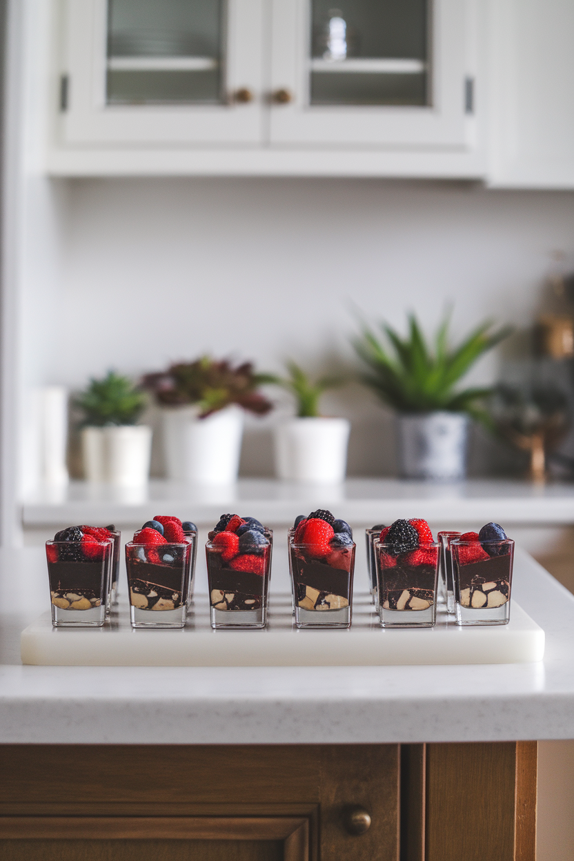 A kitchen island displaying several shot-glass-sized cups of dark-chocolate bark pieces and mixed berries. No text or logos. Photo.