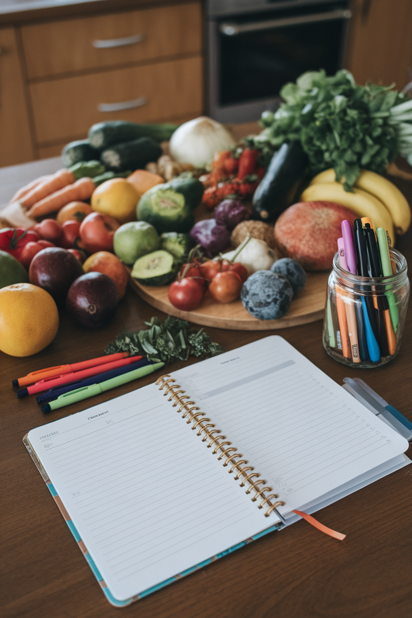 A kitchen table laid out with a blank meal-planning notebook, colorful pens, and a week’s worth of grocery produce. No text or logos. Photo.